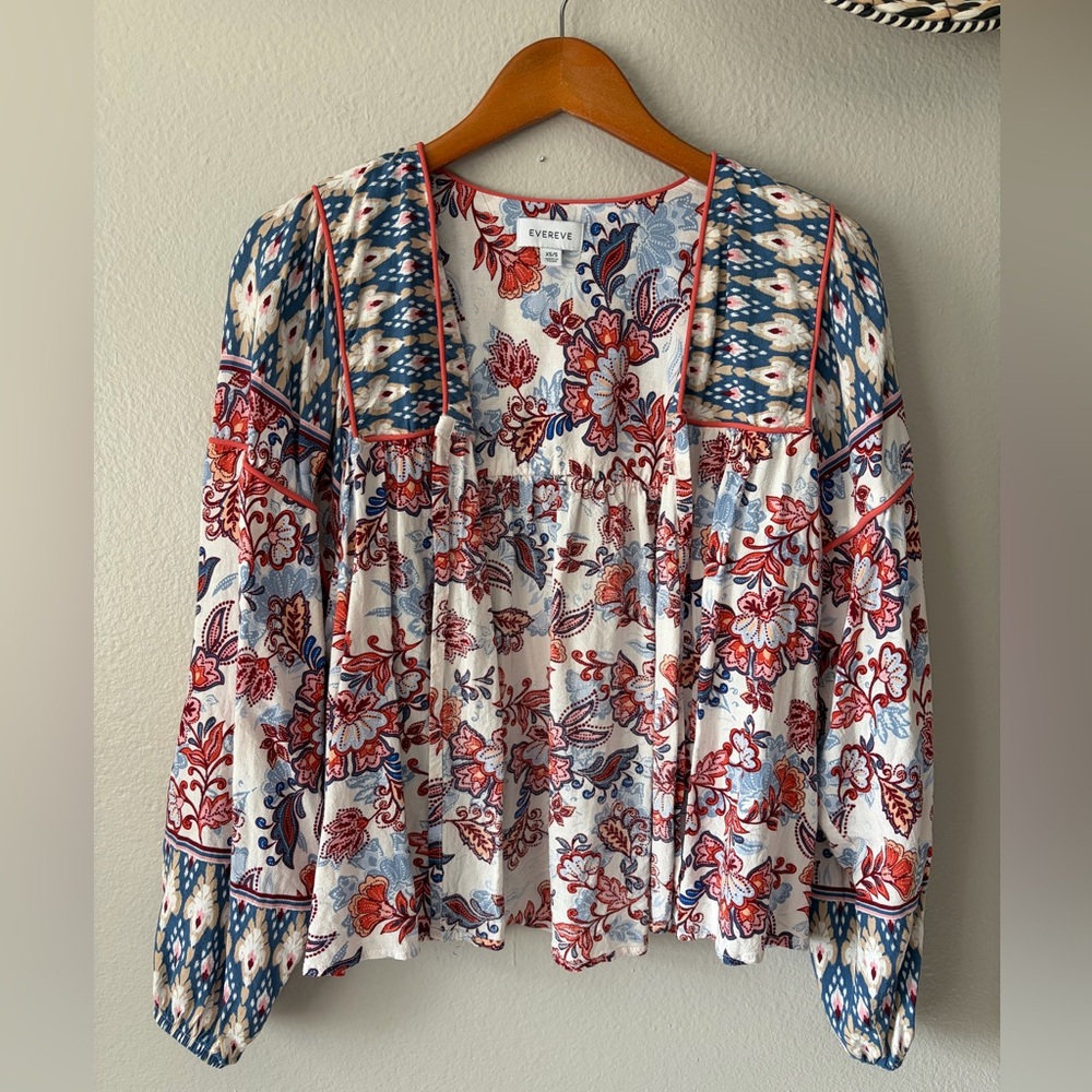 Evereve Penny Floral Kimono Linen Open Blouse Red Blue Women Small Extra Small - Picture 2 of 12